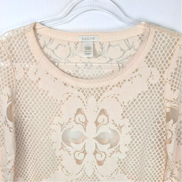 Cache Vintage Y2K Top Burnout Sheer Floral Net Design Cream Size Small - Picture 4 of 8